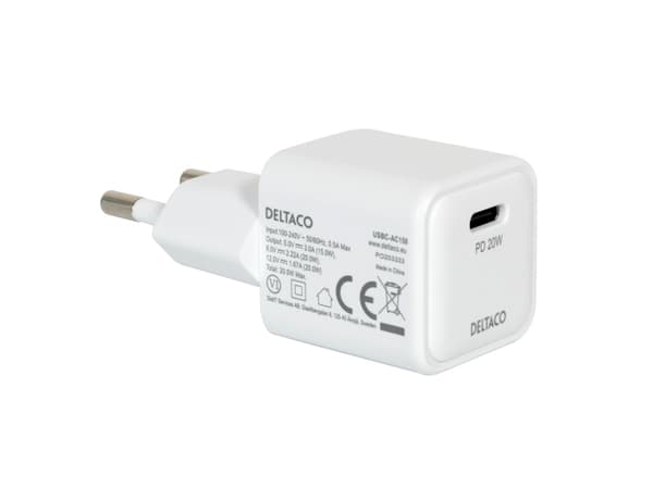 DELTACO mini - Strømadapter - 20 watt - PD (24 pin USB-C) - hvit