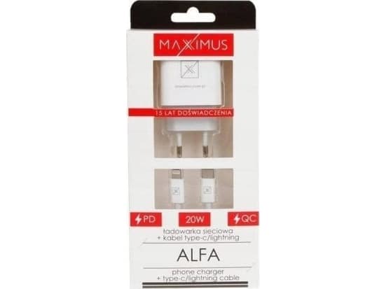 Maxximus MX ALFA 20W PD+QC, USB-A+C + C/LIGHTNING CABLE 20W PD, VIT/HVIT