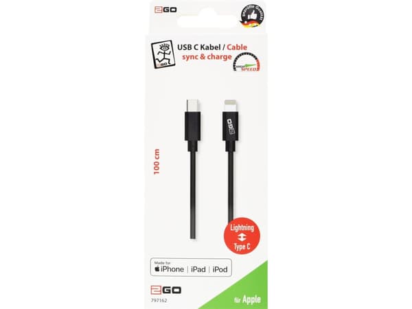 2GO 797162, 1 m, Lightning, USB C, Hankjønn, Hankjønn, Sort