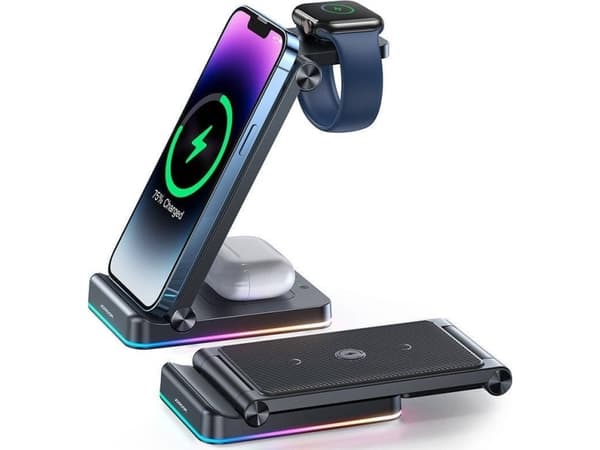 Joyroom 3w1 ładowarka indukcyjna do sprzętu marki Apple - iPhone, Apple Watch, Airpods (do 15W) podstawka stojak czarna (JR-WQN01)