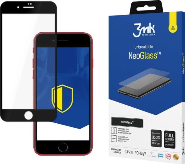 3MK NeoGlass, Apple, iPhone 7, iPhone 8, iPhone SE 2020, iPhone SE 2022, Slagbestandig, Ripebestandig, Sort, Gjennomsiktig, 1 stykker