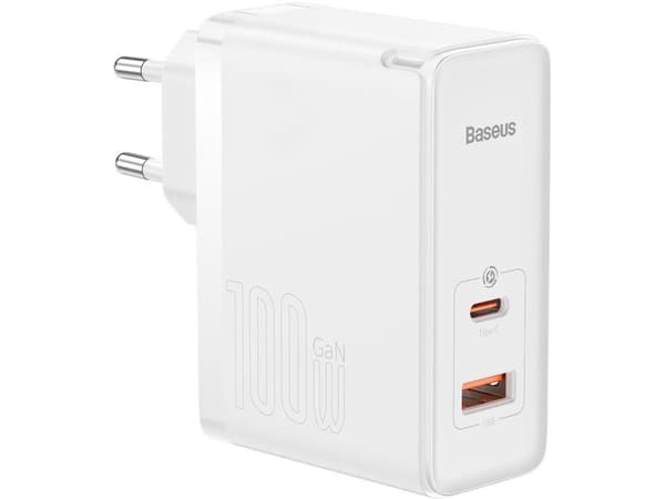 Baseus GaN5 Pro verkkolaturi, USB-C + USB, 100W + kaapeli (valkoinen)