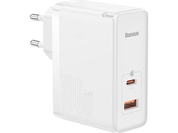 Baseus GaN5 Pro verkkolaturi, USB-C + USB, 100W + kaapeli (valkoinen)
