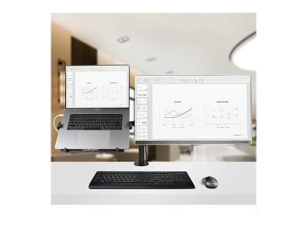 StarTech.com Monitor Arm with VESA Laptop Tray, For a Laptop (4.5kg / 9.9lb) and a Single Display up to 32" (8kg / 17.6lb), Black, Adjustable Desk La