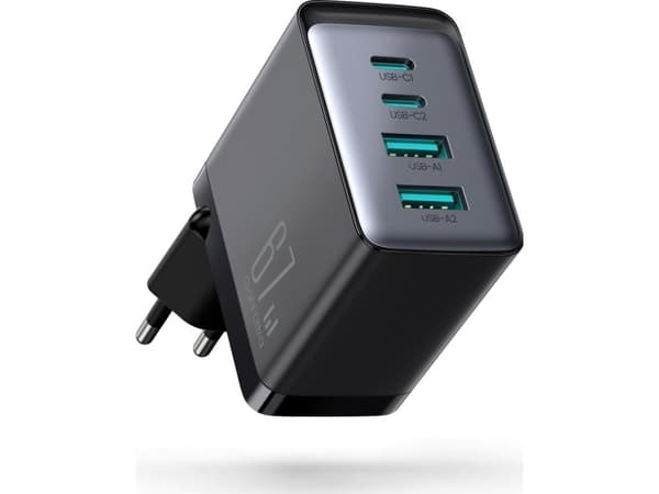 Joyroom laddare TCG02 GaN 67W 4-port (2x USB, 2x USB C) svart + USB-C/USB-C 100W 1,2 m kabel