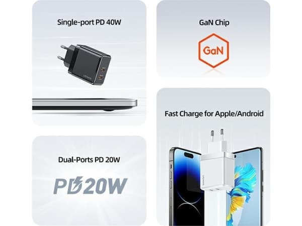 Usams Laturi USAMS 2xUSB-C T54 40W PD musta CC172TC01 (US-CC172) (US-CC172)