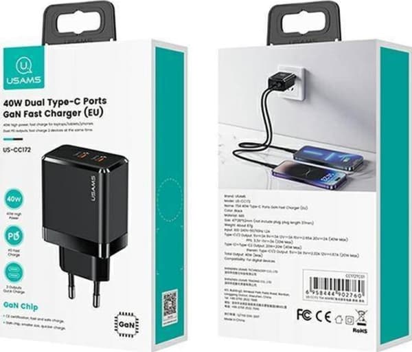 Usams Laturi USAMS 2xUSB-C T54 40W PD musta CC172TC01 (US-CC172) (US-CC172)