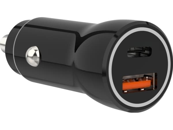 Sinox 12V dubbel USB-bilsladdare. USB A 18W + USB C 20W. Svart
