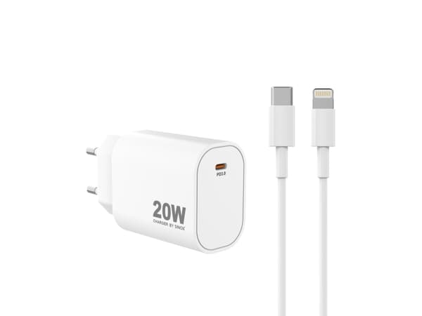 Sinox PRO 230V USB-C PD oplader 20W m/Lightning kabel. Hvid, Indendørs, Vekselstrøm, 2 m, Hvid