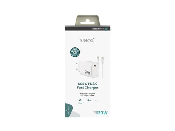 Sinox PRO 230V USB-C PD oplader 20W m/Lightning kabel. Hvid, Indendørs, Vekselstrøm, 2 m, Hvid
