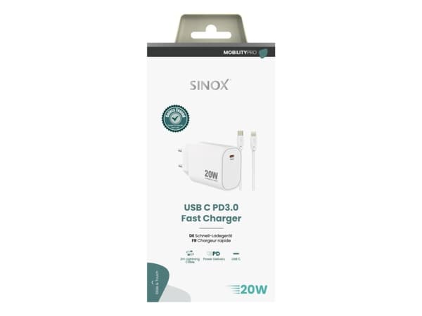 Sinox PRO 230V USB-C PD oplader 20W m/Lightning kabel. Hvid, Indendørs, Vekselstrøm, 2 m, Hvid