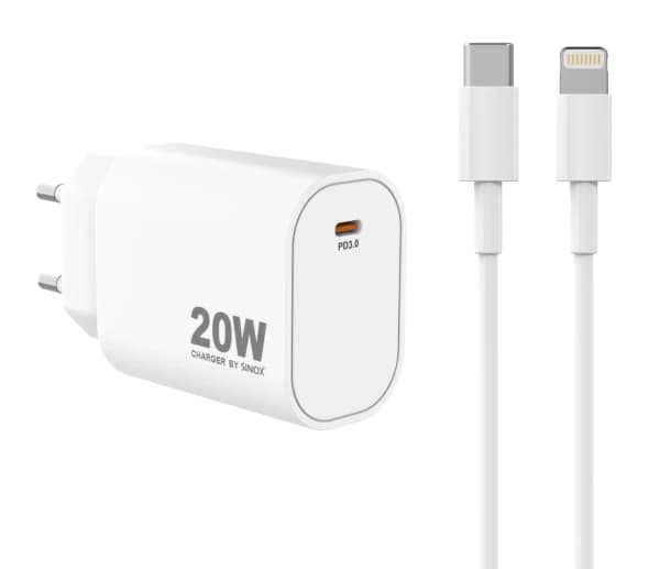 Sinox PRO 230V USB-C PD oplader 20W m/Lightning kabel. Hvid, Indendørs, Vekselstrøm, 2 m, Hvid
