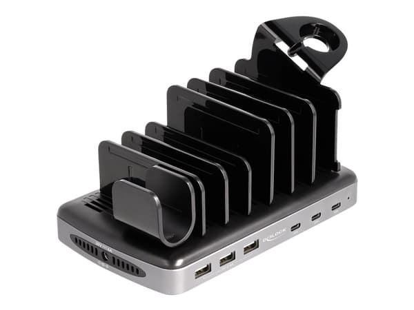 Delock - Ladestasjon + AC-strømadapter - 112 watt - 6 A - PD - 6 utgangskontakter (3 x USB-type A, 3 x USB-C) - grå, svart
