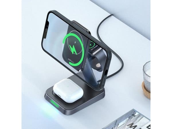 Acefast 15W Qi trådlös laddare för iPhone (med MagSafe), Apple Watch och Apple AirPods stativ magnethållare svart (E3 svart)