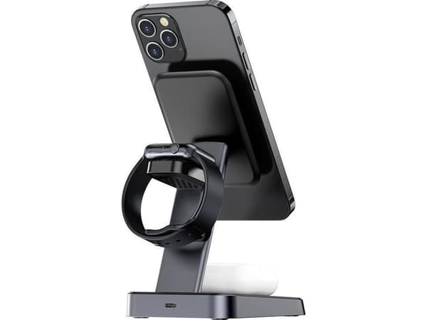 Acefast 15W Qi trådlös laddare för iPhone (med MagSafe), Apple Watch och Apple AirPods stativ magnethållare svart (E3 svart)