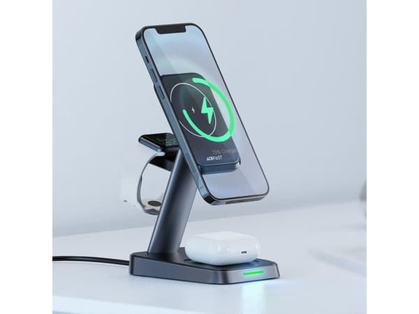 Acefast 15W Qi trådlös laddare för iPhone (med MagSafe), Apple Watch och Apple AirPods stativ magnethållare svart (E3 svart)
