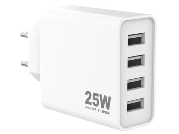 Sinox PRO 230V 4xUSB-A oplader 25W. Hvid Hvit