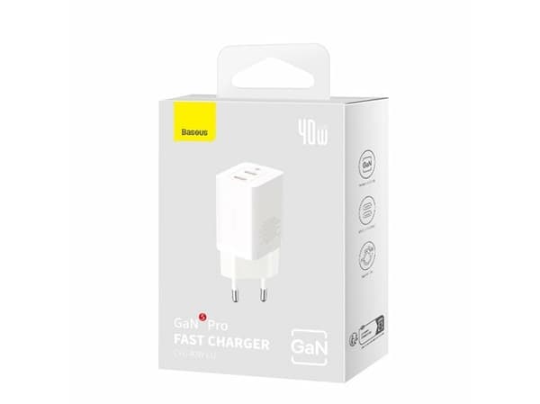 Baseus verkkovirtalaturi Baseus GaN5 40W, 2x USB C (valkoinen)
