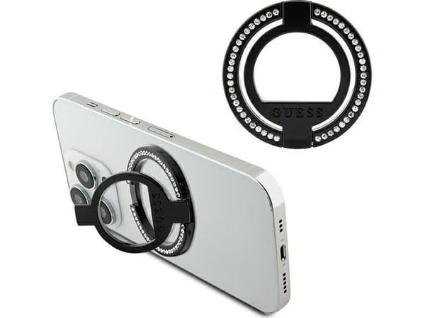 Guess MagSafe ringstativ Rhinestone - Magnetisk fingerringholder med stativfunksjon (svart)