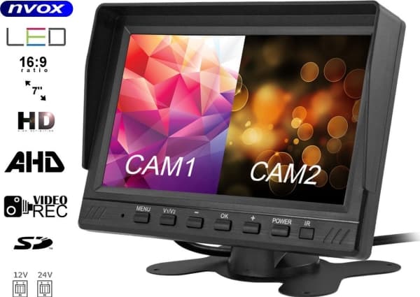 Nvox Monitor bil lcd 7cali ahd 4pin med opptaker funksjon 12v 24v