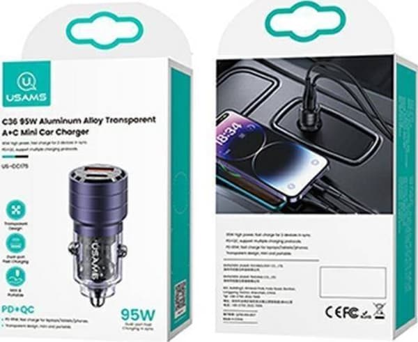 Usams-lader USAMS C36 billader USB-A+USB-C 95W Fast Charge lilla/lilla (US-CC176)