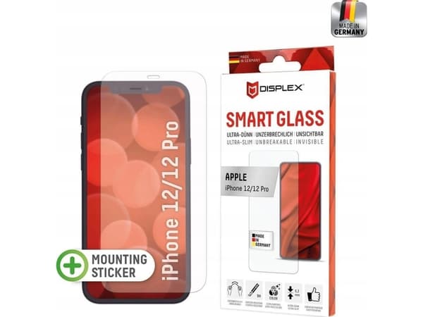 Displex Smart Glass (9H) for Apple iPhone 12/12 Pro - Monteringsklistremerke - uknuselig - Apple - iPhone 12/12 Pro - Slagfast - Ripebestandig - Støv