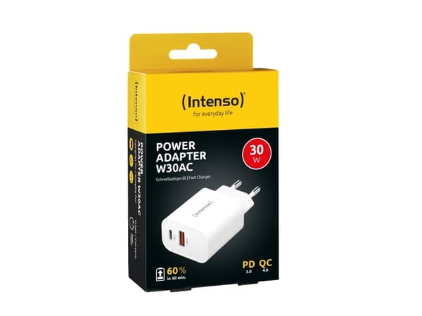 Intenso W30AC - Strømadapter - 30 watt - 3 A - PD 3.0, QC 4.0, PD/PPS - 2 utgangskontakter (USB, 24 pin USB-C) - hvit
