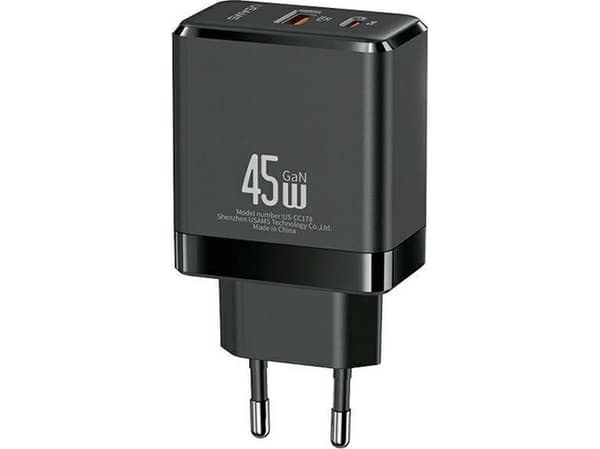 Usams USB-C+USB-A 45W GaN PD 3.0 nätladdare