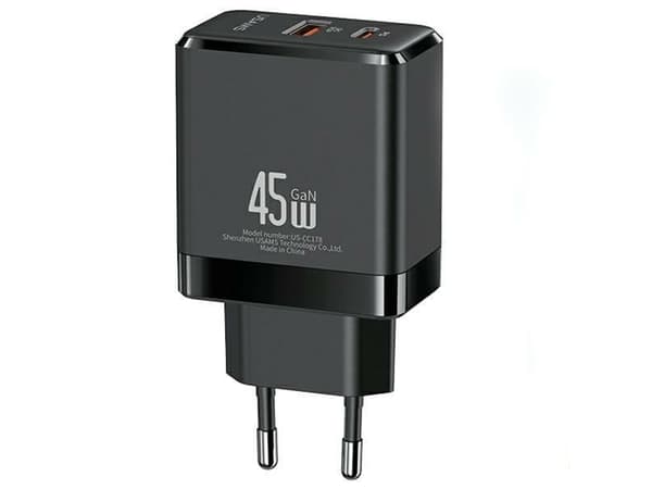 Usams USB-C+USB-A 45W GaN PD 3.0 nätladdare