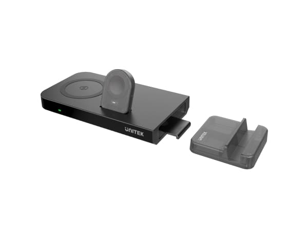 Unitek MagMighty Combo 5 - Trådløs ladepute - 5-in-1 + AC-strømadapter - 2 utgangskontakter (24 pin USB-C, USB) - svart