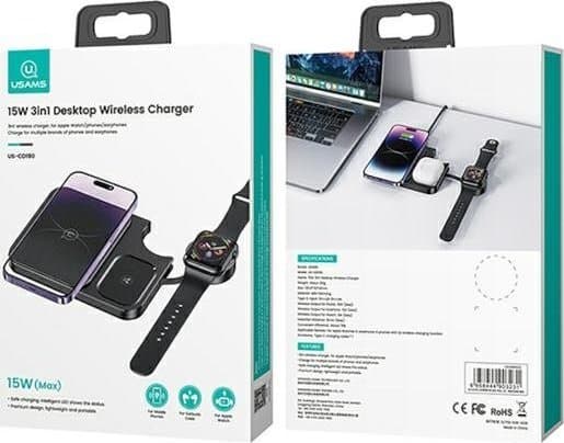 Usams lader USAMS trådløs lader 3in1 15W svart/svart (US-CD190)