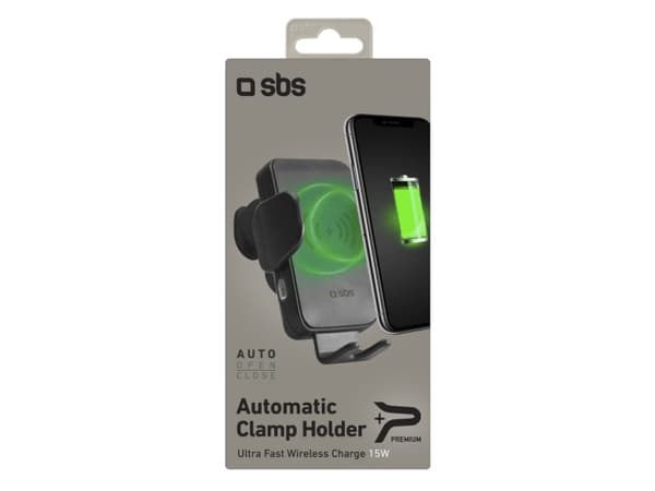 SBS Automatic Car Holder with QI Fast Charger 15W, Mobiltelefon / smartphone, Active-hållare, Bil/inomhus, Svart