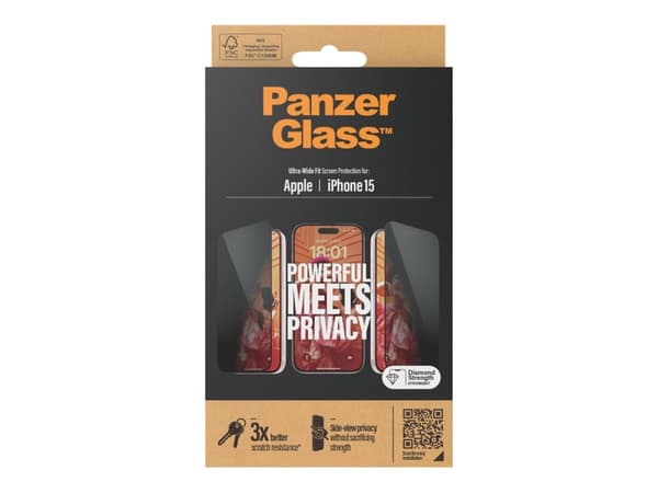 PanzerGlass - Skjermbeskyttelse for mobiltelefon - ultrabred passform - glass - med personvernsfilter - rammefarge svart - for Apple iPhone 15