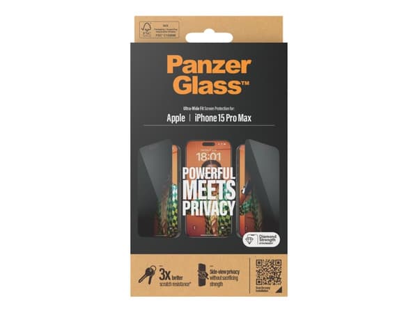 PanzerGlass Privacy Screen Protector iPhone 2023 6.7 Pro Max Ultra-Wide Fit, Apple, Apple - iPhone 15 Pro Max, Asennus kuivana, Iskunkestävä, Läpinäk