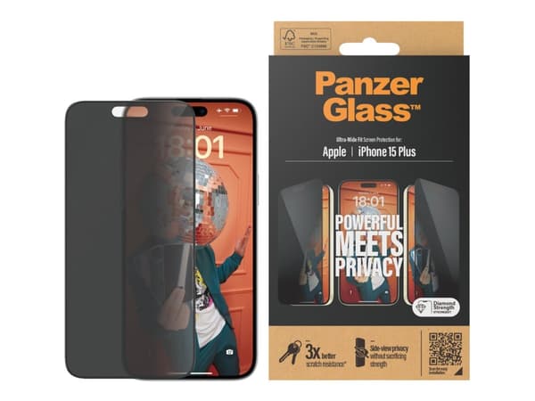 PanzerGlass - Skjermbeskyttelse for mobiltelefon - ultrabred passform - glass - med personvernsfilter - rammefarge svart - for Apple iPhone 15 Plus