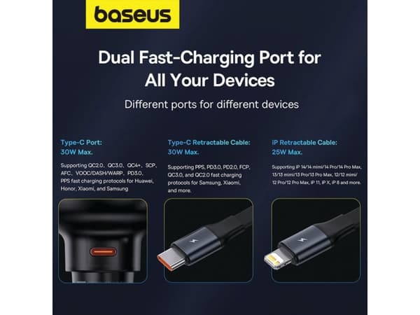 Baseus-lader Baseus Enjoyment USB-C-billader med USB-C og Lightning-kabel 60 W (svart)