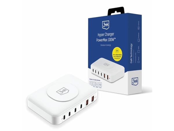 3MK Hyper Charger PowerMax 100W 4xUSB-C + 2xUSB-A ladestasjon med lader induksjon QC+PD