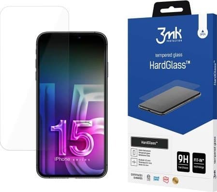 3MK HardGlass, Apple, Apple iPhone 15, Kuivakäyttö, Iskunkestävä, Naarmuuntumaton, Läpinäkyvä, 1 kpl