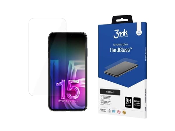 3MK HardGlass, Apple, Apple iPhone 15, Kuivakäyttö, Iskunkestävä, Naarmuuntumaton, Läpinäkyvä, 1 kpl