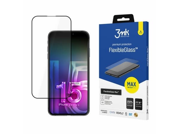 3MK FlexibleGlass Max iPhone 15 Pro Max 6.7" musta/musta, hybridi lasi, jossa on vahvistetut reunukset