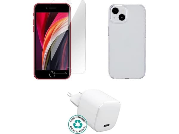 eSTUFF - Tilbehørssett for mobiltelefon - charger, cover, glass - for Apple iPhone SE (3rd generation)