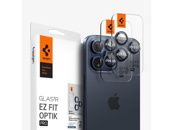 Spigen Optik Pro EZ Fit, Apple, iPhone 15 Pro Max, Blå, Transparent, 2 styck