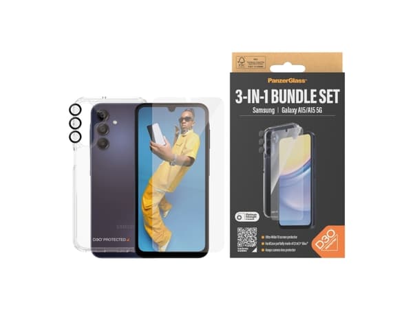 PanzerGlass - 3-i-1 beskyttelsespakke - baksidedeksel for mobiltelefon - ultrabred passform med EasyAligner - D3O Bio, resirkulert plast - med skjerm