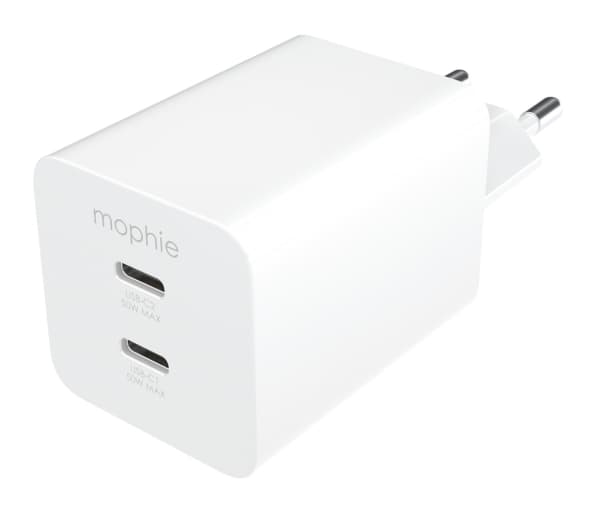 mophie Essentials Power Adapteris Dual USB-C PD 50W EU Baltas