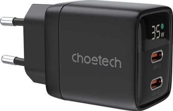 Choetech PD6051 USB-C USB-C PD 35W GaN vegglader med display - svart