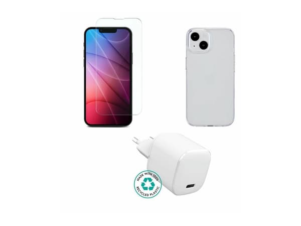 eSTUFF - Tilbehørssett for mobiltelefon - charger, cover, glass - for Apple iPhone 14
