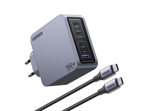 Ugreen Nexode Pro 160W GaN Charger with USB-C Cable, inomhus, AC, Svart, Grå