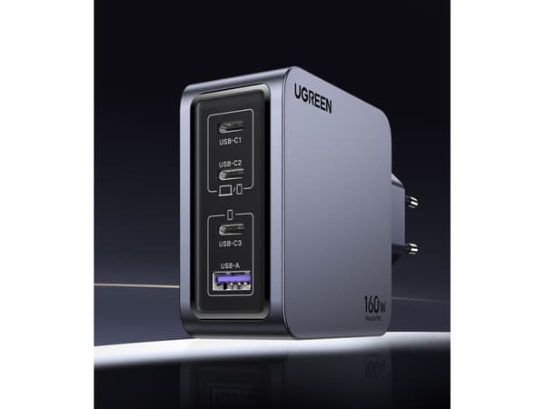 Ugreen Nexode Pro 160W GaN Charger with USB-C Cable, inomhus, AC, Svart, Grå