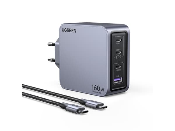 Ugreen Nexode Pro 160W GaN Charger with USB-C Cable, inomhus, AC, Svart, Grå