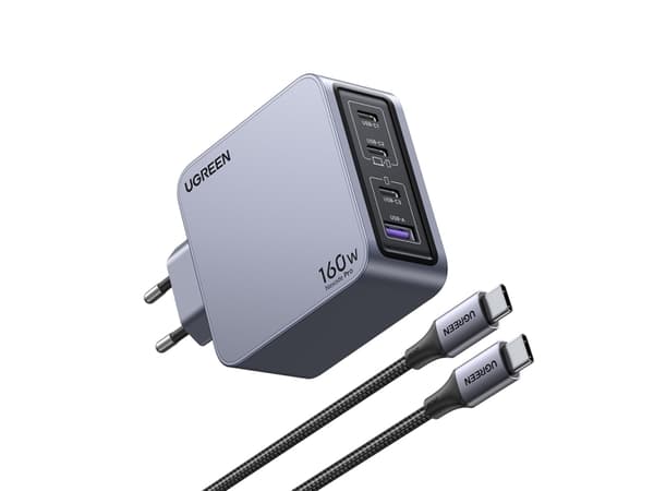 Ugreen Nexode Pro 160W GaN Charger with USB-C Cable, inomhus, AC, Svart, Grå Svart, Grå